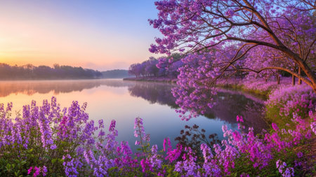 A picturesque landscape presents a serene lake surrounded by blossoming trees. The image showcases soft purples and pinks, reflecting in the water. The composition, lit by early morning sunlight, creates a peaceful atmosphere. Ideal for commercial applications and editorial content relating to nature or travel.の素材