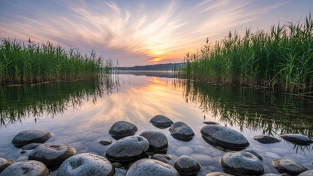 A serene lake reflects a colorful sunrise, framed by lush green reeds. The foreground features smooth, dark rocks. The sky displays swirling cloud formations. Soft lighting and a balanced composition contribute to a peaceful atmosphere. Ideal for illustrating natural beauty and environmental themes.の素材