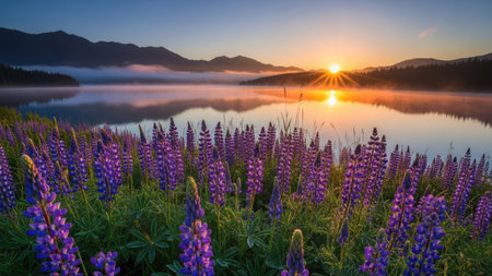 A picturesque sunrise illuminates a calm lake with mountain backdrop. Purple lupine flowers bloom in the foreground. The image displays natural lighting and a serene atmosphere. Suitable for illustrating nature, travel, or environmental themes. Offers potential for various commercial and editorial applications.の素材