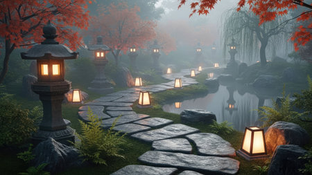 A winding stone path leads through a serene Japanese garden, illuminated by glowing lanterns. The scene features lush greenery, with vibrant red trees adding a touch of color. The soft, diffused lighting and reflective water create a peaceful ambiance, suitable for various editorial and commercial applications.の素材