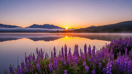 A serene scene features a reflective lake with vibrant purple flowers in the foreground. The warm sunrise casts a golden glow on the water and distant mountains. This image displays soft textures and a balanced composition, suitable for various editorial and commercial applications. The environment suggests a peaceful setting.の素材