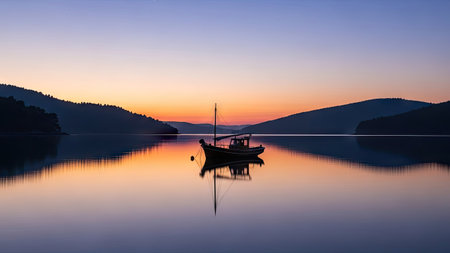 A sailboat rests peacefully on calm water, reflecting the soft hues of the sky during either a sunrise or sunset. The composition features a symmetrical arrangement, with a dark boat against the colorful background and mountain silhouettes. The image conveys a sense of stillness and contemplation, ideal for various editorial and commercial applications.の素材