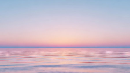 This image presents a serene ocean view at dusk, featuring a gradient of pastel colors across the sky and water. Gentle reflections enhance the peaceful atmosphere. The composition may be suitable for backgrounds, advertising, or as a visual element in artistic and design projects.の素材