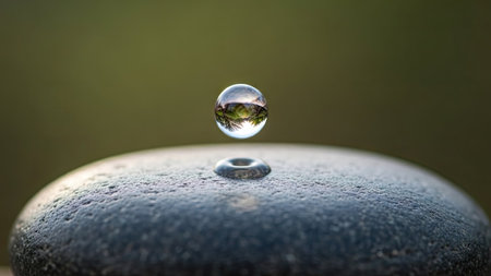 A single water droplet hangs suspended above a wet, dark stone, creating a captivating visual effect. The droplet reflects the environment, set against a blurred green backdrop. The macro composition emphasizes texture and detail. This image could be used for various commercial and editorial applications, showcasing natural beauty.の素材