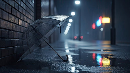 A clear umbrella rests against a brick wall on a wet street. The scene is bathed in the cool light of street lamps, reflecting in puddles. Colors are muted, with a dominant blue and grey palette, creating a moody atmosphere. This image might be suitable for editorial or commercial purposes.の素材