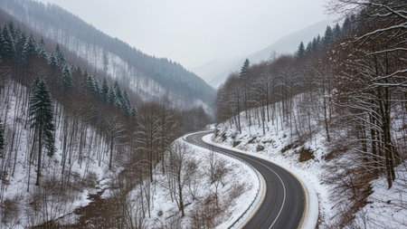 An aerial perspective captures a road snaking through a wintery mountain valley. The scene is dominated by shades of gray and white, with snow covering the ground and the trees along the slopes. This image could be suitable for travel, environmental, or scenic themes.の素材