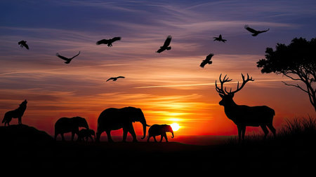 This image showcases animal silhouettes against a vibrant sunset. Featured are elephants, a deer, and various birds, creating a dramatic visual effect. The composition uses contrasting colors and a low angle to enhance the silhouettes. Ideal for illustrating themes of nature and wildlife, it has potential use in editorial or commercial projects.の素材
