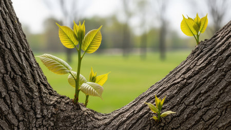 Close-up shows fresh green leaves emerging from a tree branch with rough, textured bark. The natural lighting highlights the vibrant color of the foliage and the detailed surface of the wood. This image conveys the essence of growth and renewal, suitable for various editorial and commercial applications.の素材