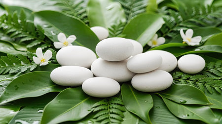 An arrangement of smooth white stones rests on a bed of vibrant green leaves and delicate white blossoms. The composition exhibits a close-up perspective, with soft lighting enhancing the textures of the natural elements. This image could be suitable for wellness, spa, or natural product advertisements.の素材