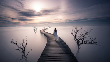 A woman walks along a wooden pathway, its curves leading towards a bright light. The image features a grayscale palette with subtle color tones and a dreamy atmosphere. The water reflects the sky, enhancing the feeling of a serene, expansive environment. Suitable for conceptual projects and editorial publications.の素材