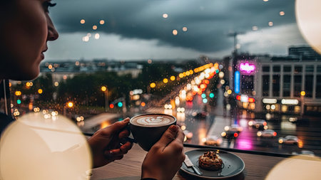 A woman holds a coffee cup near a window. The image displays a city scene through a rainy window at night with many lights. The composition has soft lighting with blurred details suggesting a cozy indoor setting. It can be used for various purposes like website design and advertising.の素材