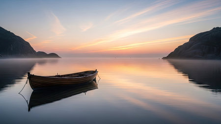 A wooden boat rests on still water reflecting the soft colors of a sunset. The composition features a symmetrical arrangement with mountains flanking the water. Hues of orange, pink, and blue dominate the scene, creating a sense of calm. This image may be suitable for various commercial uses related to nature or travel.の素材