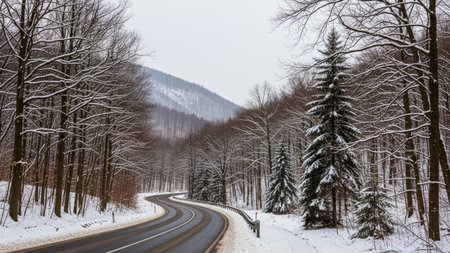 An asphalt road curves through a forest covered in snow. Bare trees and evergreens line the route under an overcast sky. The composition emphasizes depth, with leading lines drawing the eye. This image could be used for illustrating travel, nature, or environmental themes in various commercial projects.の素材