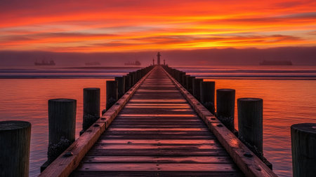 A long wooden pier stretches towards the horizon under a fiery sunset. The scene displays a symmetrical composition with the pier at the center. Warm colors of orange and red dominate the sky, reflecting on the water. This image could be used for various commercial projects and editorial content.の素材