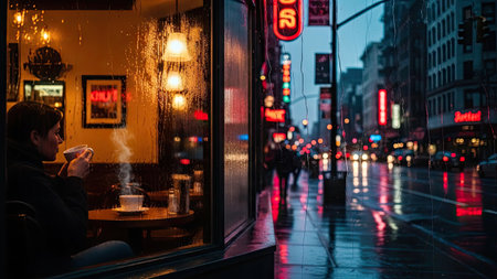 A woman sits at a table near a window, holding a cup of coffee. The interior is softly lit, contrasting with the vibrant street scene outside. Rain glistens on the pavement, reflecting neon lights and creating a moody atmosphere. This image could be used for various commercial or editorial purposes.の素材