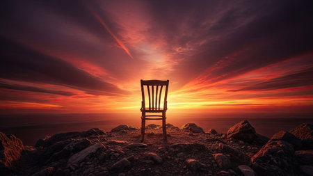 An empty wooden chair stands silhouetted on a rocky outcrop against a vibrant sunset. The composition features rich hues of orange, red, and purple in the sky, creating a dramatic atmosphere. This image, with its contrasting light and shadow, could be suitable for various editorial and commercial applications.の素材