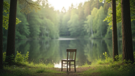 A wooden chair stands solitary before a serene lake scene, framed by tall trees and lush greenery. The image showcases soft lighting and natural tones, creating a tranquil atmosphere. This visual is suitable for depicting themes of contemplation, nature, and peaceful environments, ideal for various editorial and commercial applications.の素材