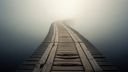 A wooden bridge extends into a foggy atmosphere. The structure appears aged with visible wood grain and texture, bathed in soft, diffused light. The composition emphasizes perspective, drawing the viewer into the scene. Suitable for a range of uses, including artistic projects and conceptual illustrations.の素材