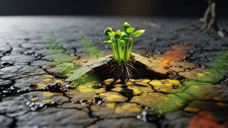 A small plant emerges from cracked, dry earth. The scene is illuminated with a soft, natural light, highlighting the green leaves against the dark, textured ground. This image presents a visual metaphor for growth, resilience, and new beginnings. Suitable for editorial and commercial projects.の素材