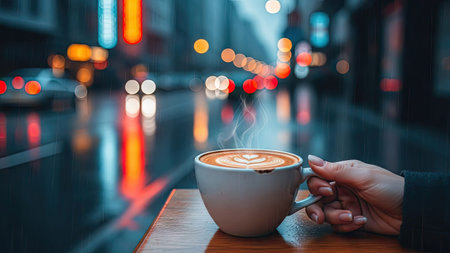 A hand holds a ceramic coffee cup with delicate latte art. The image showcases a shallow depth of field, with the cup in sharp focus. The background presents a blurred urban scene, possibly at dusk or night, featuring bokeh lights. It could be suitable for lifestyle blogs or advertising materials.の素材