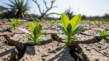 A close-up captures vibrant green sprouts emerging from cracked, dry soil. The image showcases textural details of the earth, contrasting with the fresh, youthful leaves. Sunlight bathes the scene, highlighting the resilience of life in a barren environment. Suitable for illustrations on growth, sustainability, or environmental themes.の素材