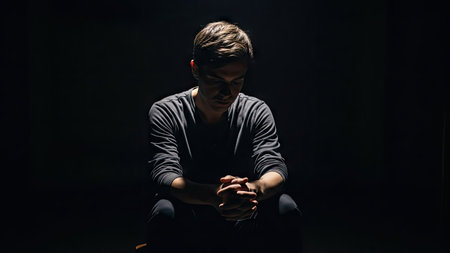 A man is seated, with hands clasped in front of him, set against a dark backdrop. The composition features strong contrast, using overhead lighting to highlight the subject. The photograph's style is dramatic, with a focus on capturing the man's posture and form. Suitable for commercial or conceptual projects.の素材
