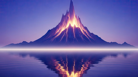 A striking mountain rises from a tranquil body of water, reflecting its form in the still surface. The peak glows with an inner light, set against a gradient sky. The overall effect is one of dramatic contrast and ethereal beauty, suitable for various editorial and commercial applications.の素材