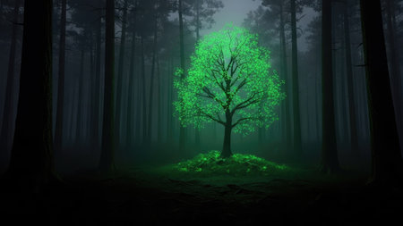 A vibrant green tree illuminates a dark, foggy forest scene. The image showcases the tree's bright foliage against the surrounding darkness, with soft lighting and a blurred background. This visual could be used for conceptual projects about nature, conservation, and eco-friendly practices, and general illustrative purposes.の素材