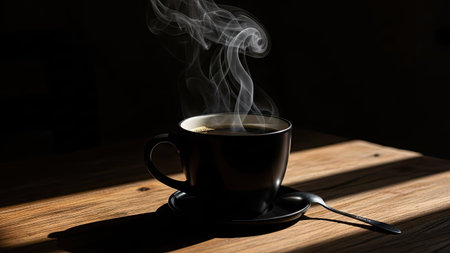 A cup of coffee sits on a wooden surface, emitting a trail of steam. The dark cup contrasts with the light on the table, creating a dramatic interplay of light and shadow. The image uses a low-key lighting style. Suitable for various commercial and editorial applications.の素材