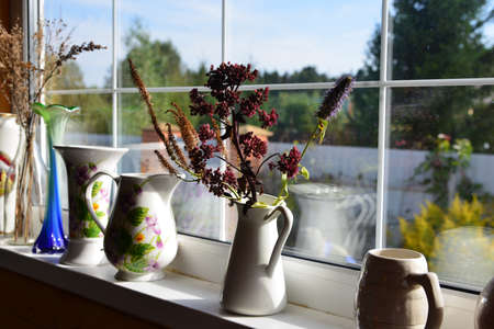 A jug with a bouquet of dried flowers on a sunny windowsill.の写真素材