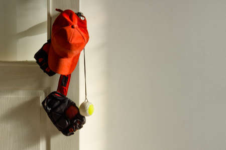 Equipment for martial arts hanging on the doorの写真素材