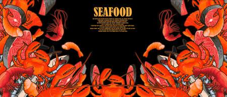 Seafood illustrations framed as a frame isolated on dark backgroundのイラスト素材