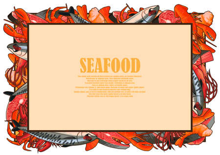 Illustrated frame of seafood isolated on white backgroundのイラスト素材
