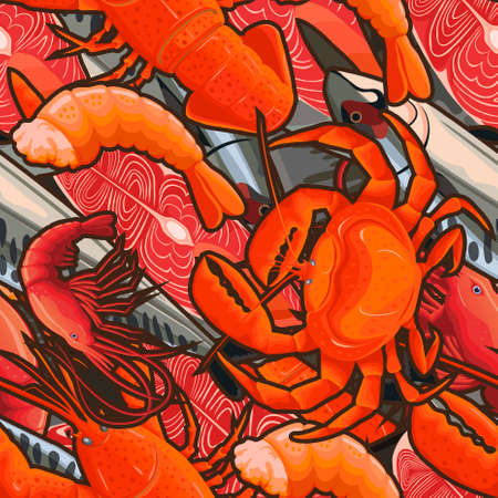 A Seamless pattern from seafood illustrations isolated on colorful backgroundのイラスト素材