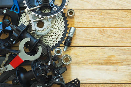 A set of spare parts and tools for a bicycle upgradeの写真素材
