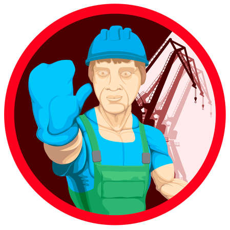 Worker with an outstretched hand with a warning signのイラスト素材