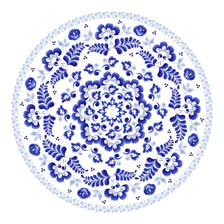 Round plate with a floral ornament of blue color on a white background, made in folk Russian style Gzhelのイラスト素材