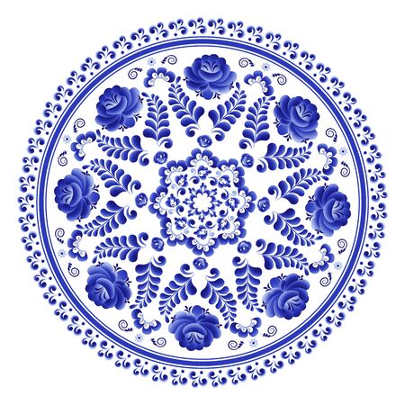 Round plate with a floral ornament of blue color on a white background, made in folk Russian style Gzhelのイラスト素材