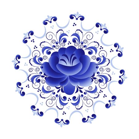 Round plate with a floral ornament of blue color on a white background, made in folk Russian style Gzhelのイラスト素材
