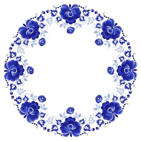 Round plate with a floral ornament of blue color on a white background, made in folk Russian style Gzhelのイラスト素材