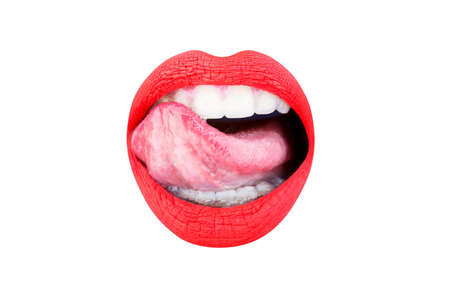 Red lip, lipstick and lipgloss, passionate. Close up, macro with beautiful mouth. Sexy tongue. Tongue and sexy mouth, open. Woman lip, female lips. Sexy lips, tongue out. Beautiful sexy woman, girlの写真素材