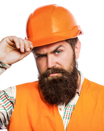 Bearded man worker with beard in building helmet or hard hat. Man builders, industry. Builder in...