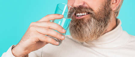 Bearded man drinking water. Man water. man