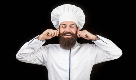 Cook hat. Bearded chef, cooks or baker. Bearded male chefs isolated on black. Funny chef with beard...