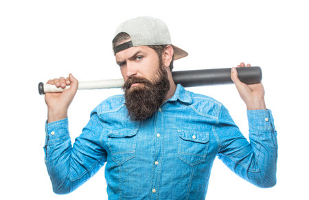 Beardman holding a baseball bat. Isolated white background. Man swung the bat. Hooligan with baseball bat ready for fight. Violence and aggression concept, man hand holding baseball sport batの写真素材