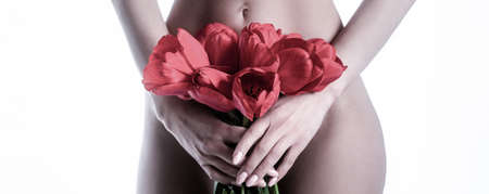 Gynecology and underwear, women health. Youth and freshness, purity, flowering. Gynecology, menstruation, concept of woman genital healthの写真素材