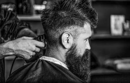 Man visiting hairstylist in barbershop. Barber works with hair clipper. Hipster client getting haircut. Hands of barber with hair clipper, close up. Haircut concept. Hipster client getting haircutの写真素材