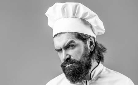 Bearded chef, cooks or baker. Bearded male chefs isolated. Cook hat. Confident bearded male chef in...