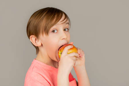 Portrait of cute little kid holding an apple. Baby boy eating apple and smiling. Boy smiles and has healthy white teeth. Little boy eating apple. Boy apples showing. Child with applesの写真素材