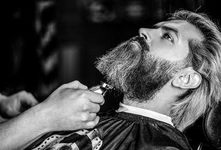 Barber works with a beard clipper. Hipster client getting haircut. Hands of a hairdresser with a...